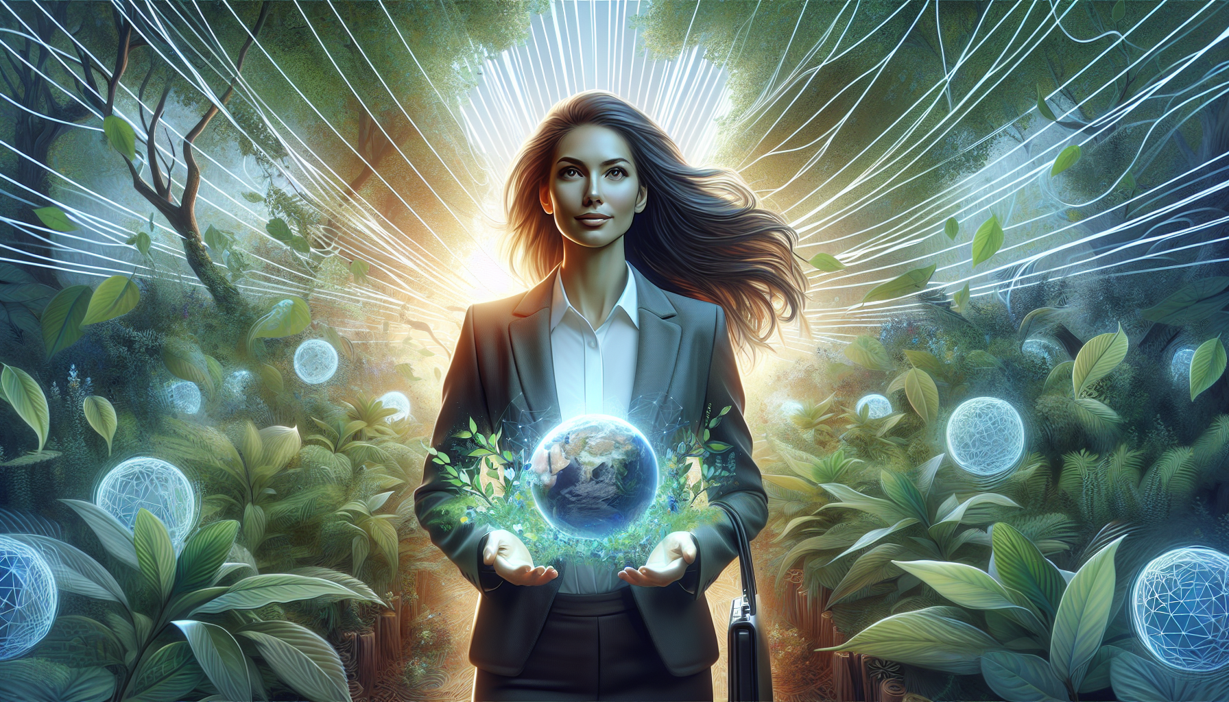 Mujer empresaria rodeada de naturaleza y éxito