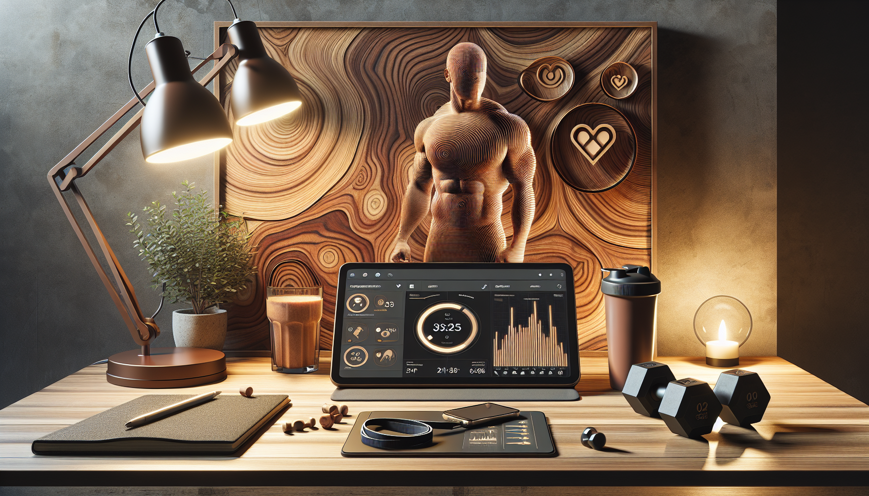 Escritorio con infusión de ginseng y lámpara de luz cálida inspiradora