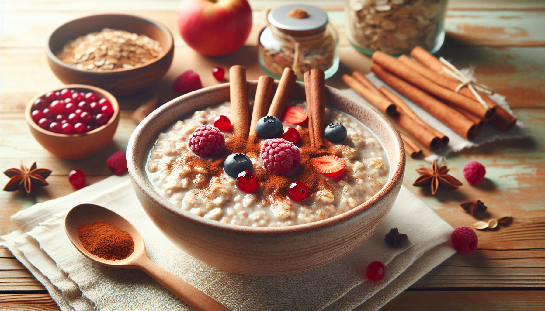 Tazón de avena con canela y frutos rojos sobre mesa clara