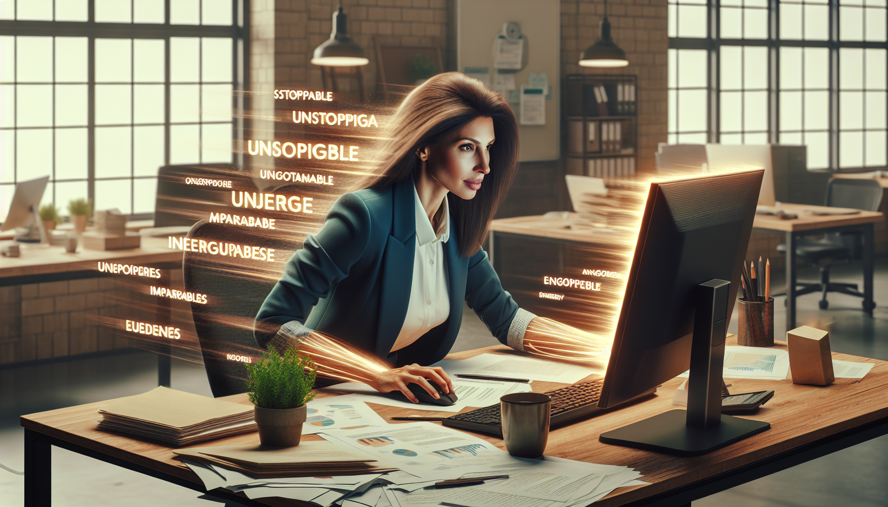 Mujer imparable en su oficina con energía ilimitada
