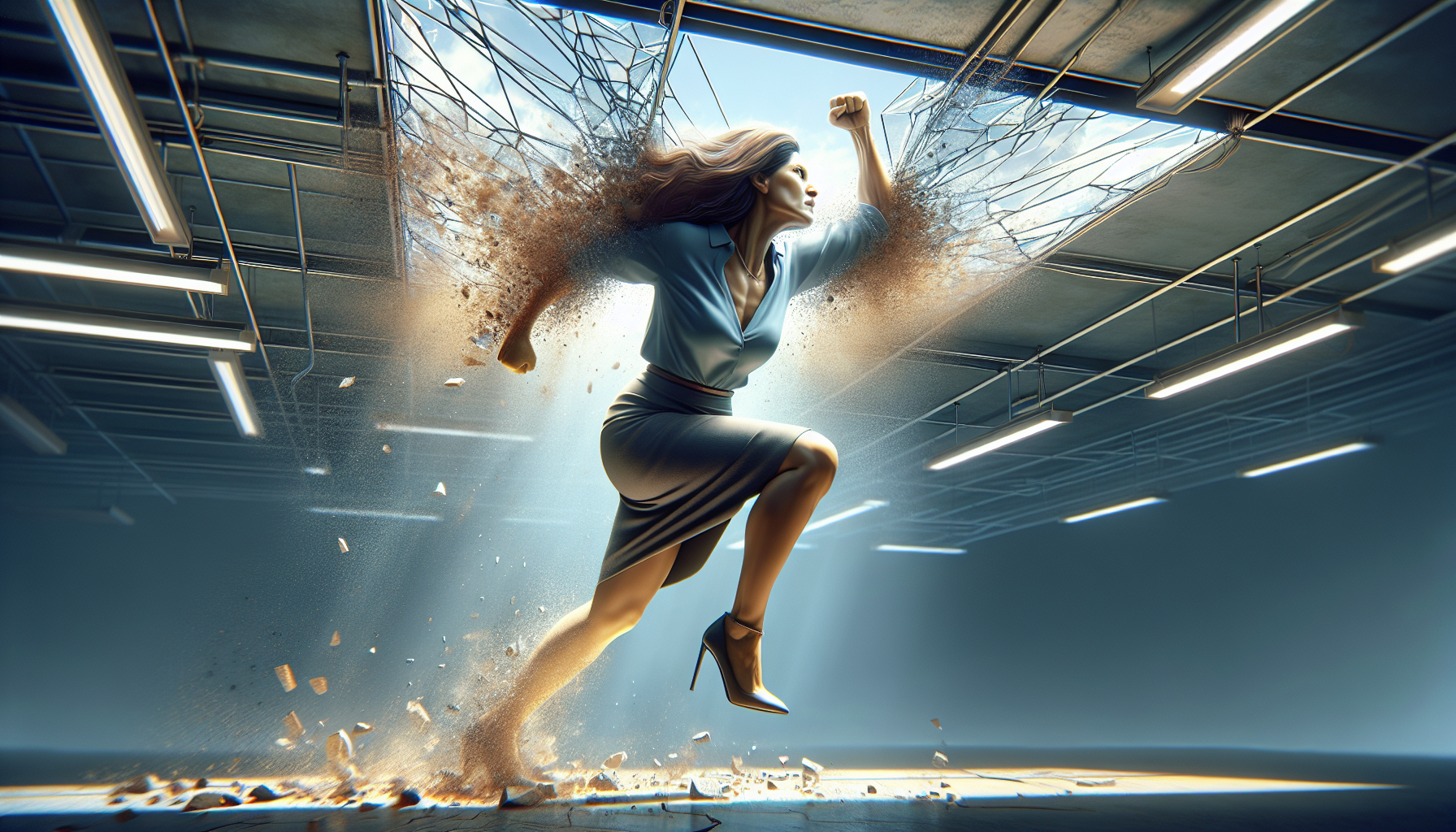 Mujer rompiendo un techo de cristal con energía y decisión