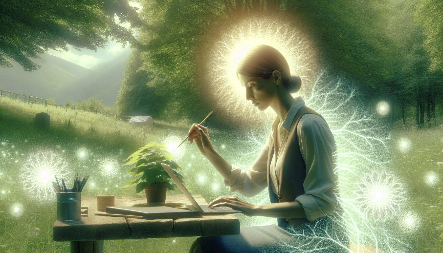 Mujer emprendedora trabajando con energía en un entorno natural