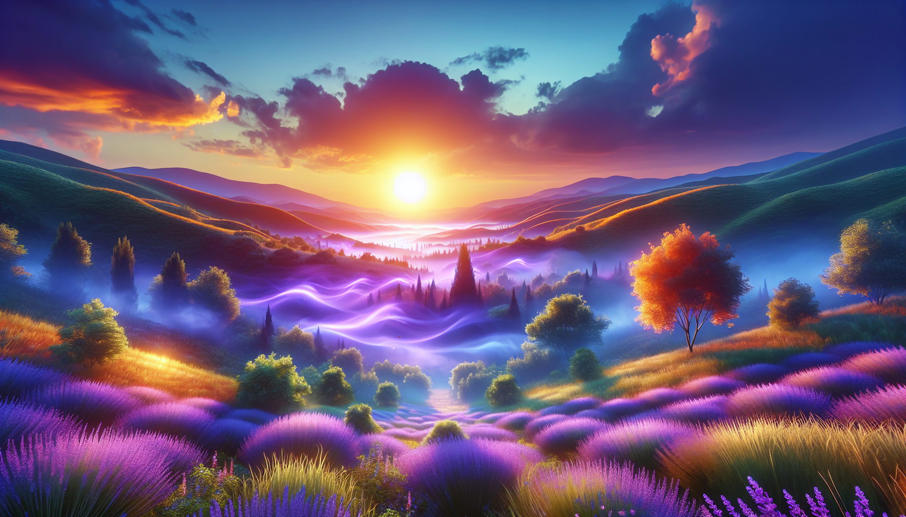 Bruma violeta de lavanda subiendo entre colinas aluminadas