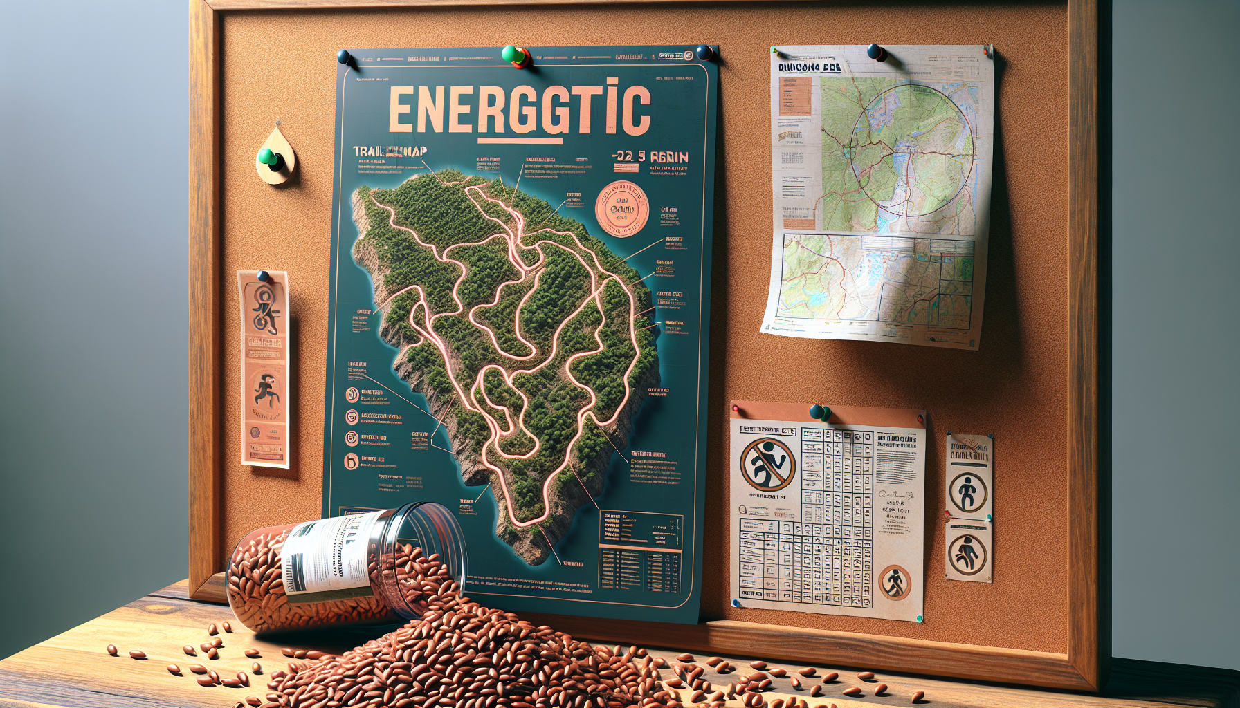 Tablero de corcho con mapa de trail y semillas energéticas