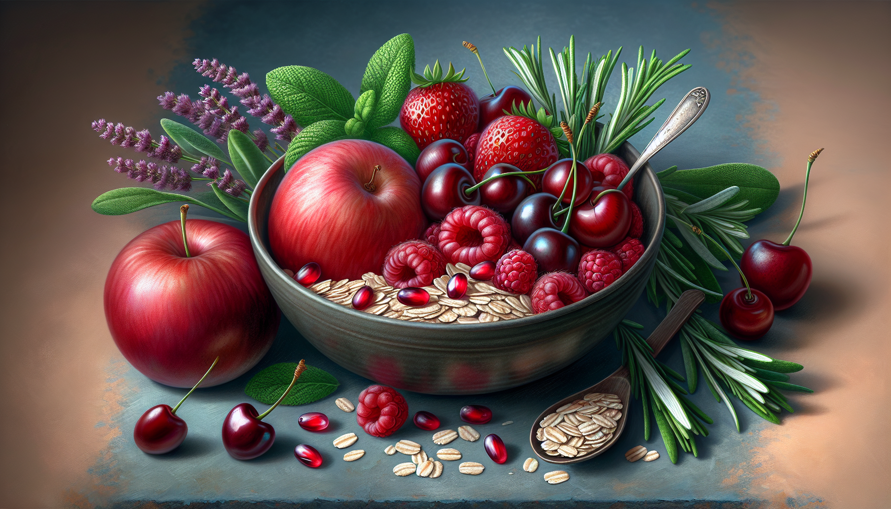 Tazón de frutas rojas y avena junto a hojas de romero y salvia