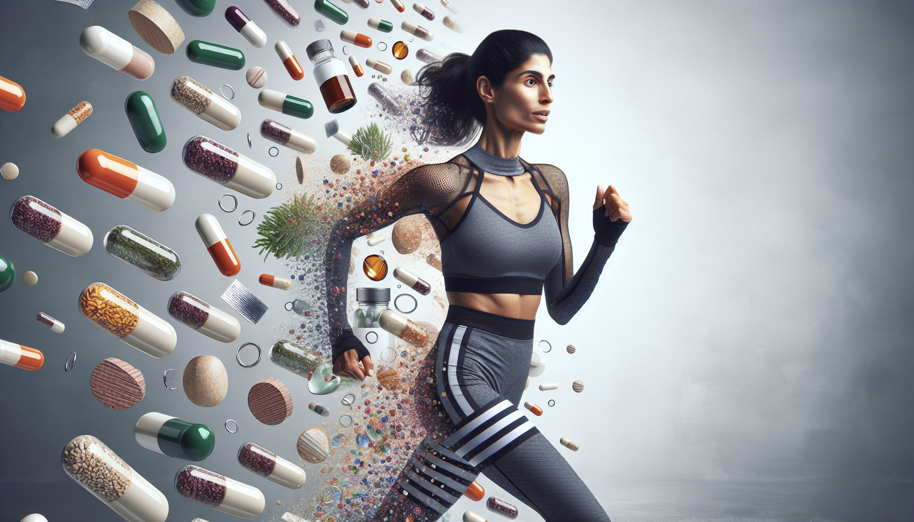 Imagen de mujer corriendo con fondo de suplementos