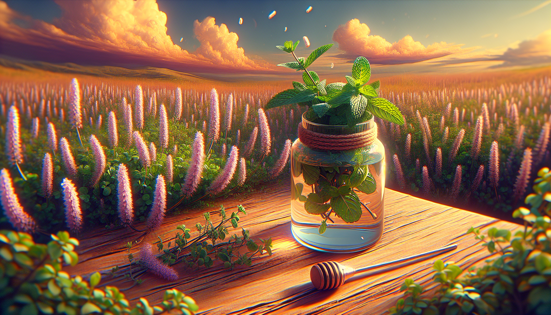 Ramas de menta pépita agitadas por viento templado