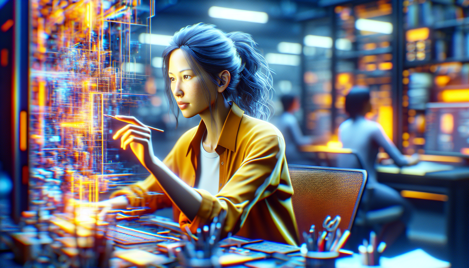 Mujer visionaria trabajando con energía y enfoque