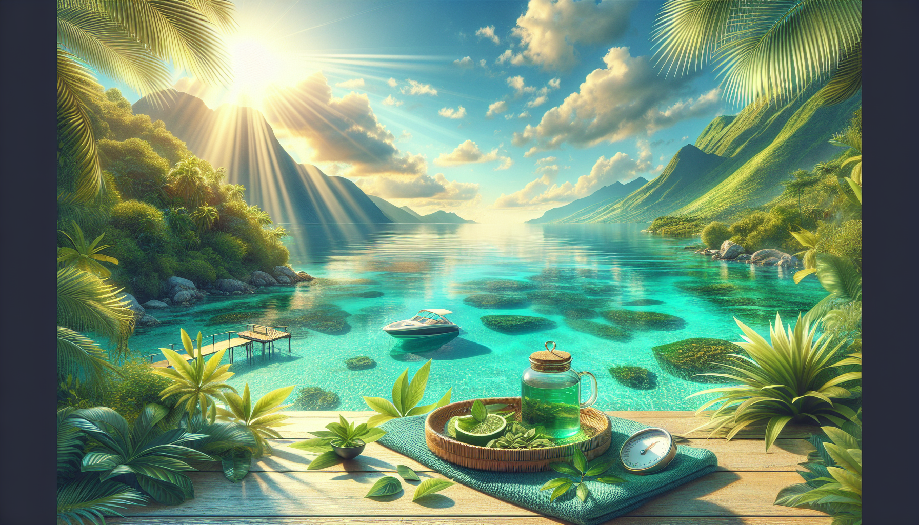 Horizonte despejado con agua turquesa y destellos solares