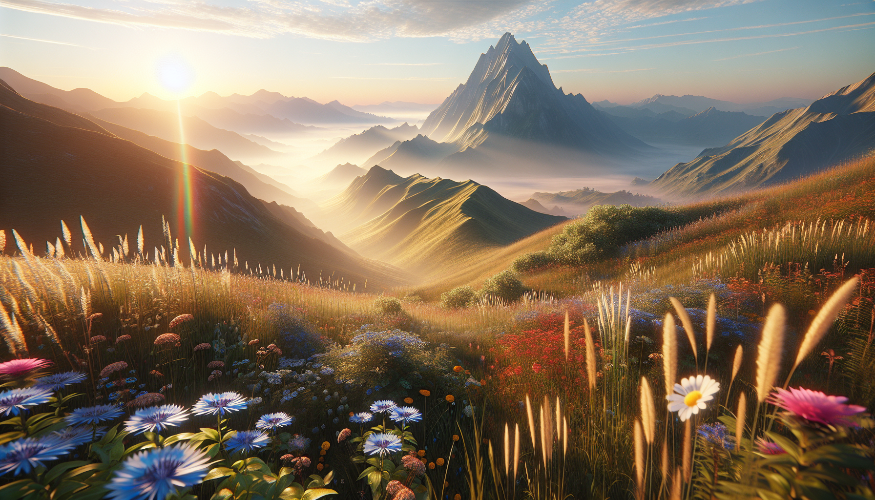 Cima de colina soleada con brisa agitando flores silvestres