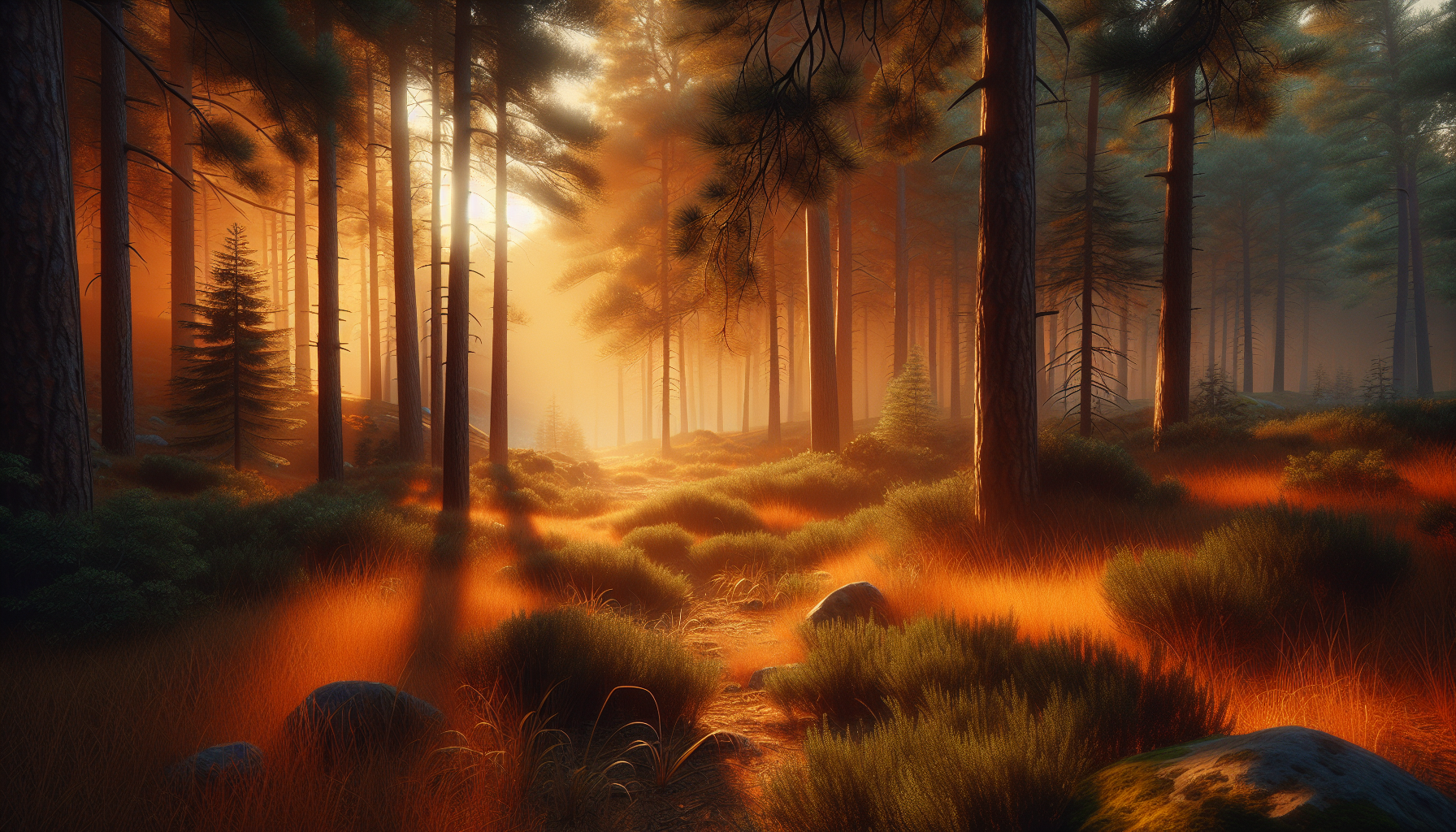 Claro de bosque bañado por luz ámbar y susurro de pino silvestre