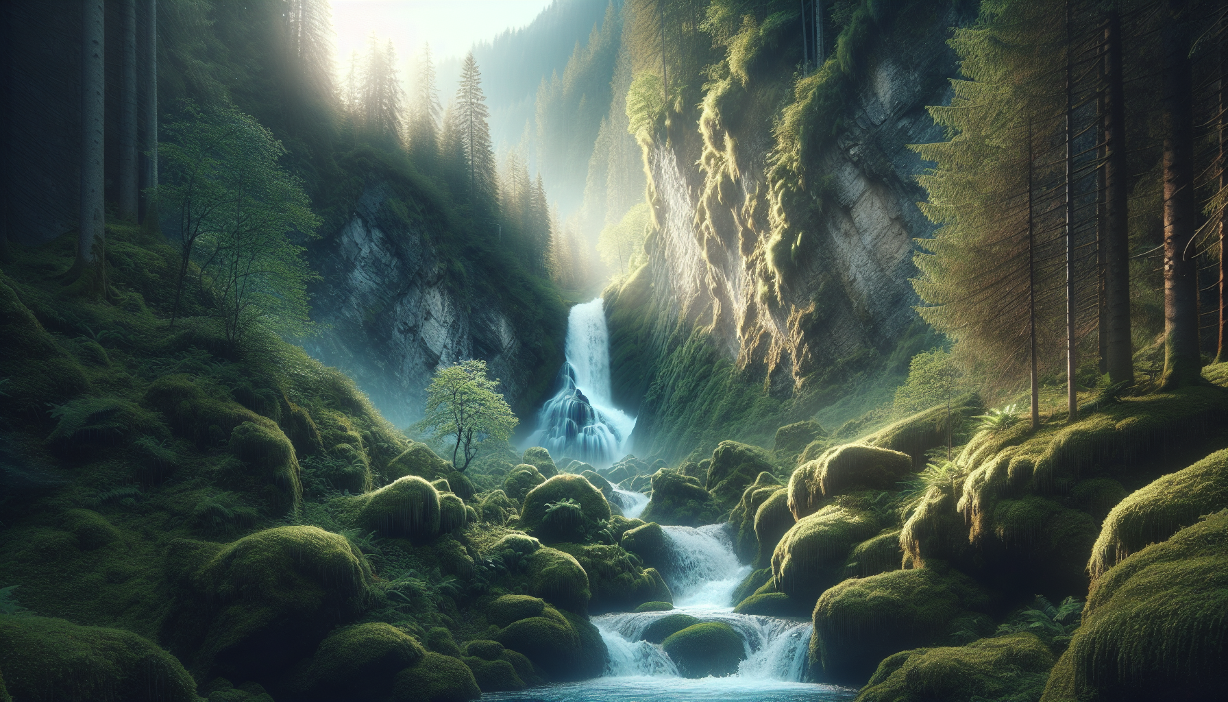 Cascada cristalina cayendo entre rocas cubiertas de musgo