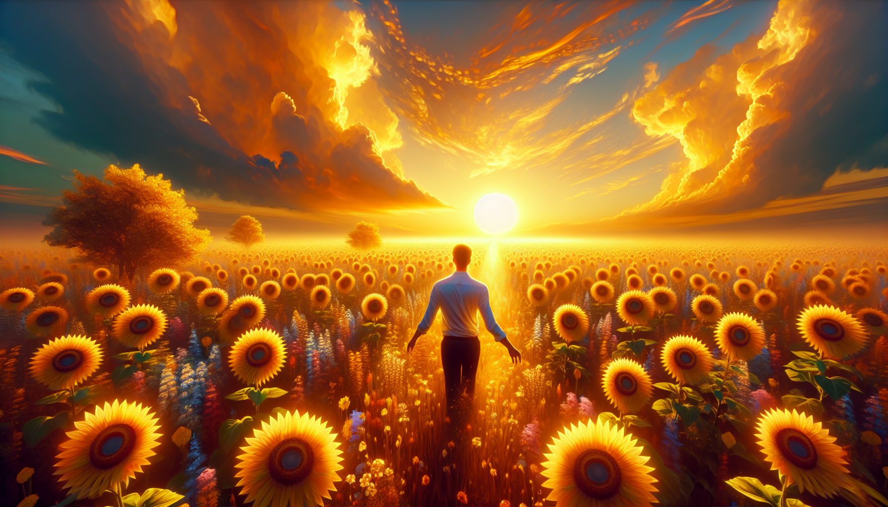 Amanecer dorado iluminando campo de girasoles abiertos