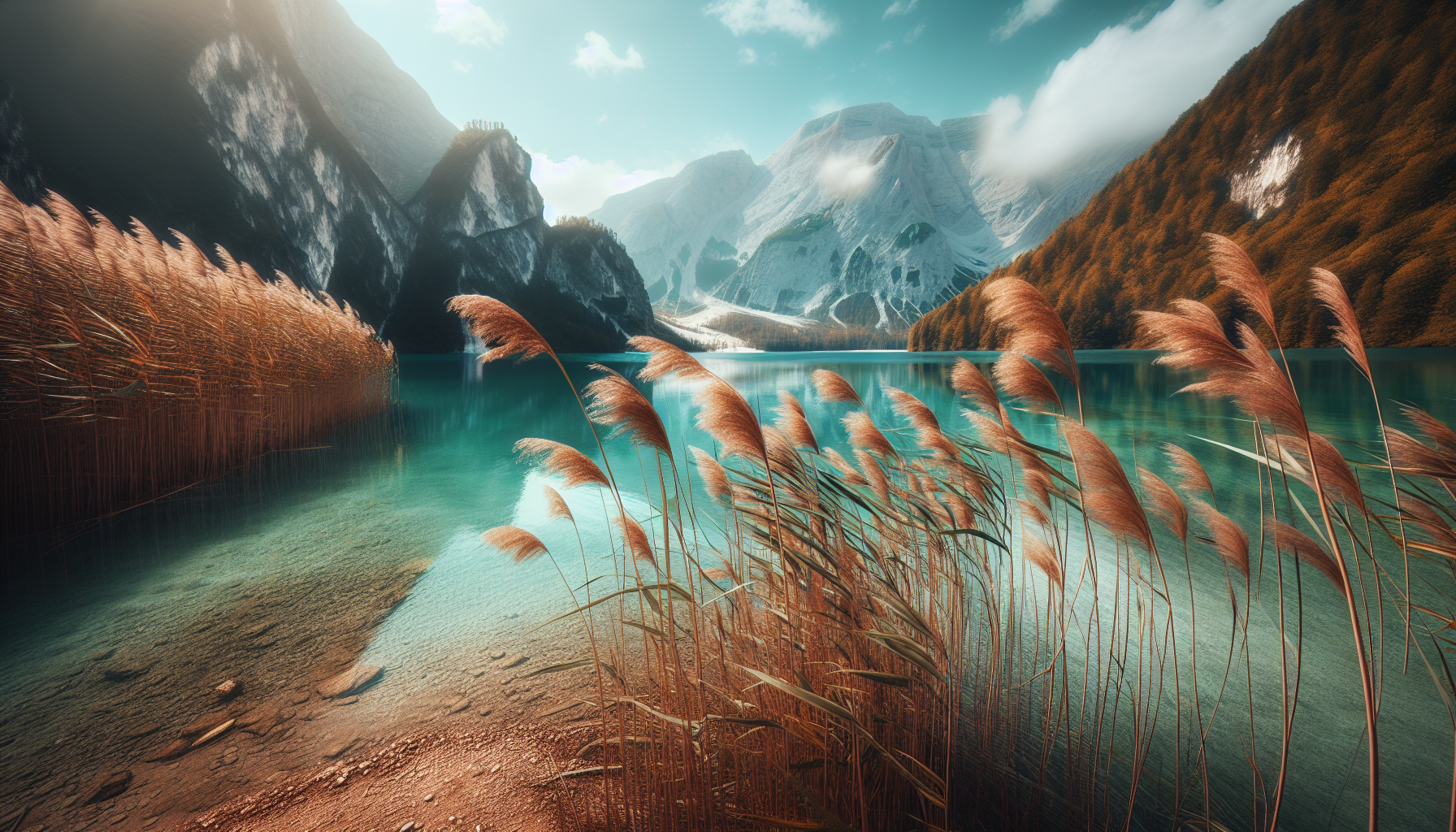 Ráfagas de viento entre juncos junto a un lago esmeralda