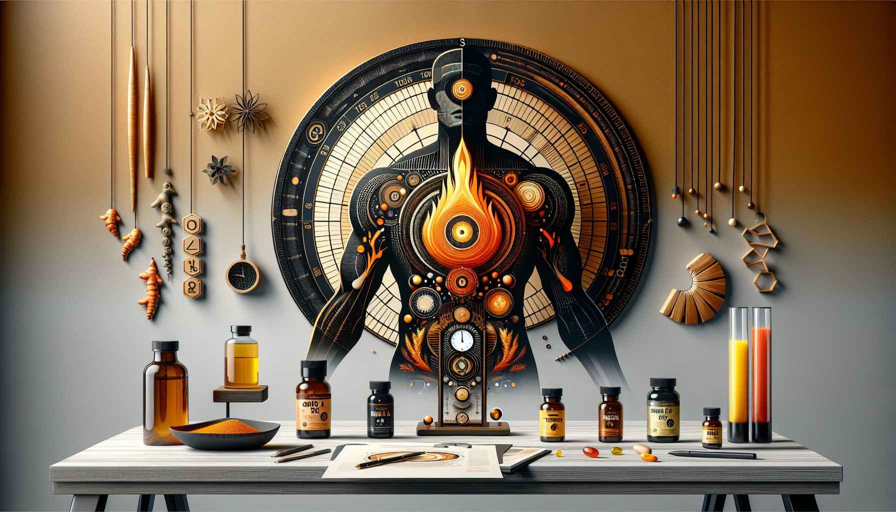 Escritorio con botellas de omega 3, cúrcuma y feng-shui de bambú