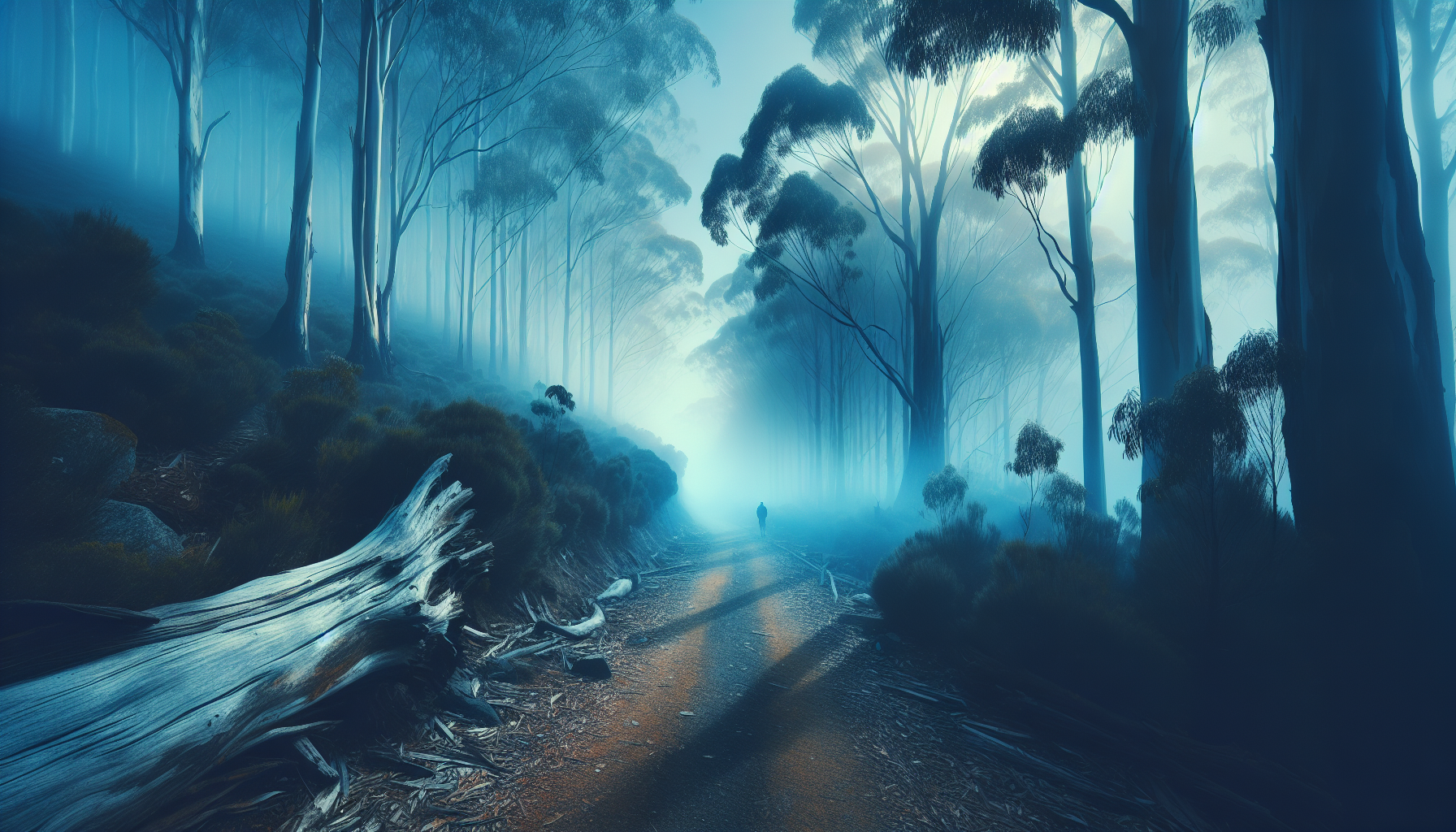 Sendero montañoso con bruma de eucalipto azul