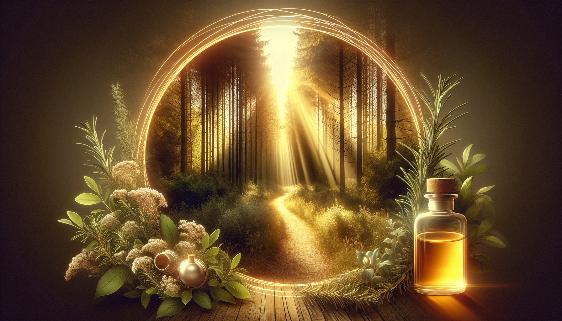 Sendero forestal iluminado por rayos dorados y aroma de romero
