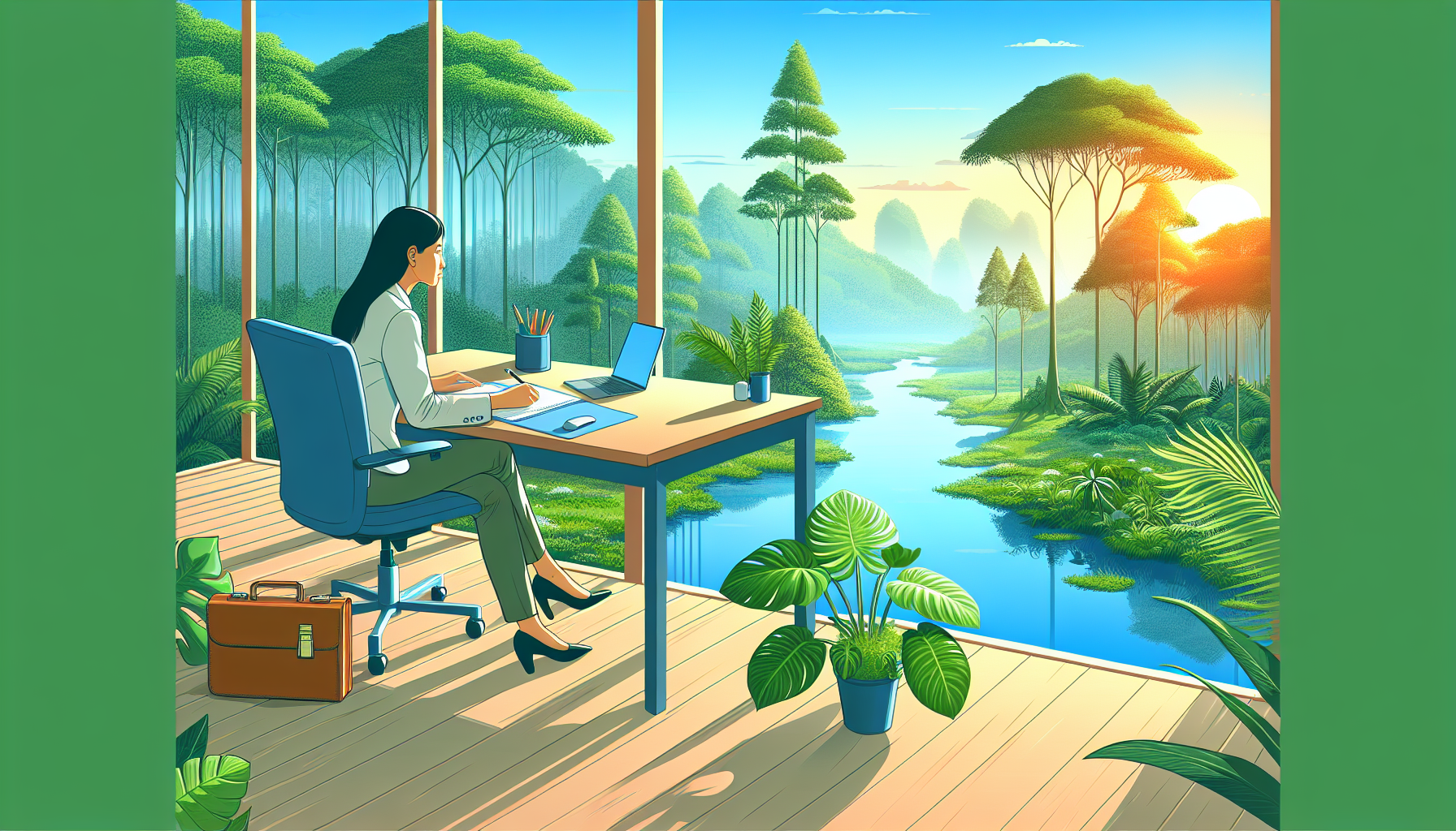 Mujer trabajando en una oficina rodeada de naturaleza