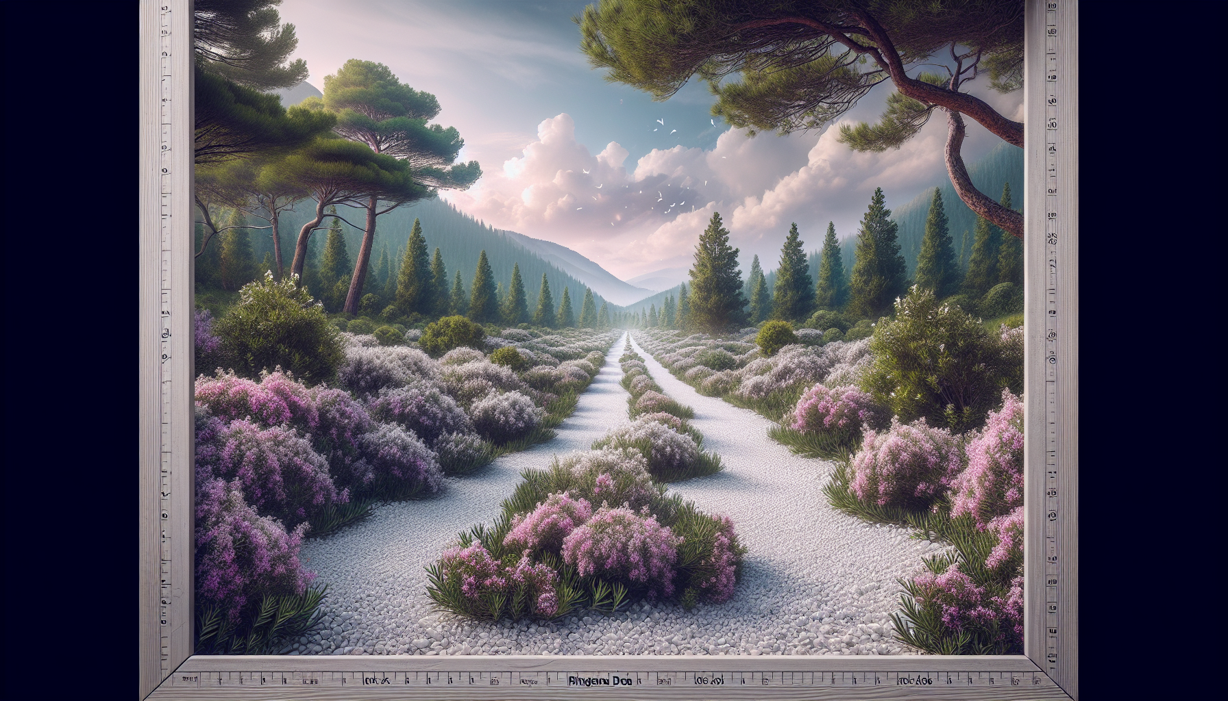 Grava blanca bordeada de arbustos de romero en flor