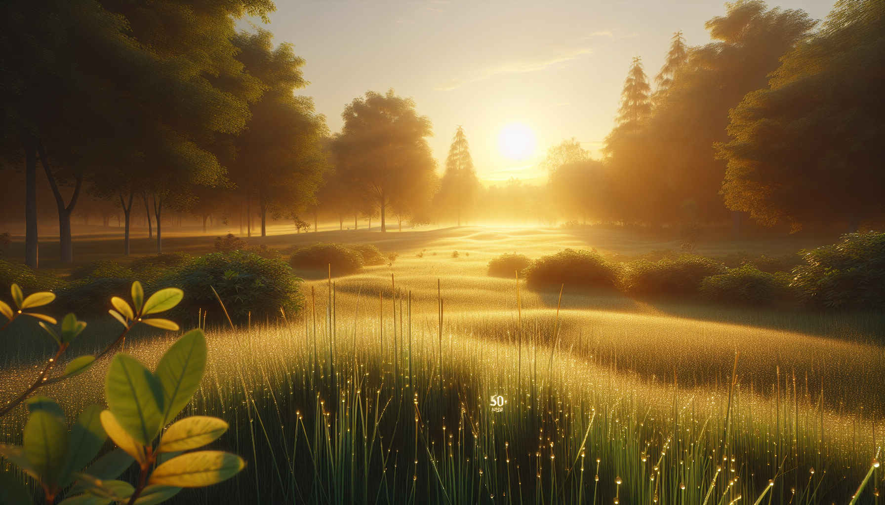 Césped perlado de rocío iluminado por sol naciente