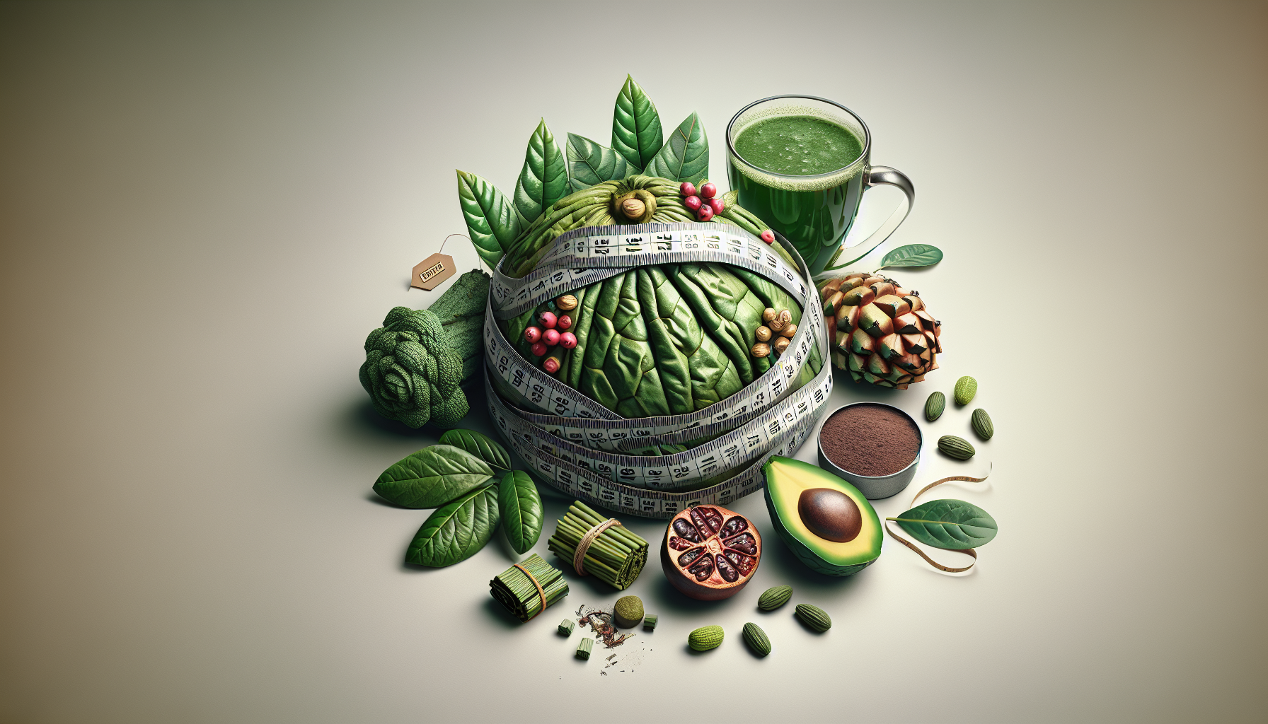 Cinta métrica rodeando frascos de té verde, guaraná y maca