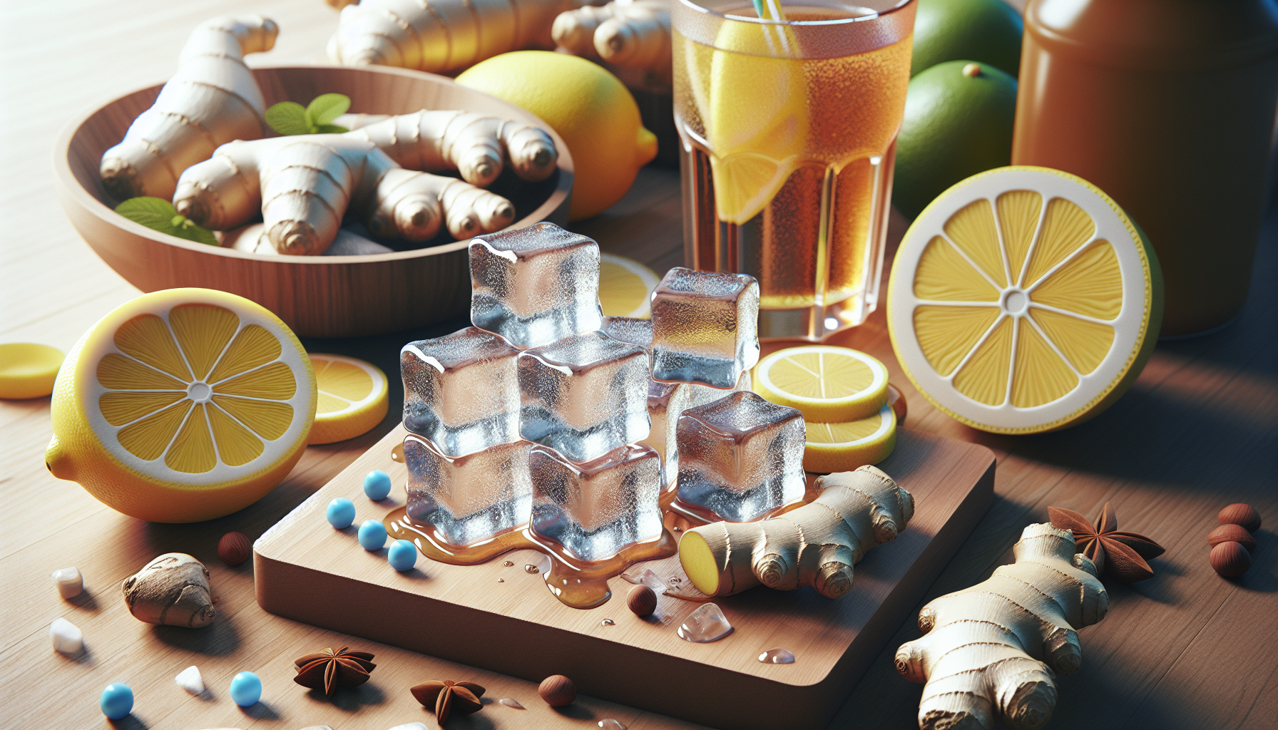 Cubitos de hielo derritiéndose junto a rodajas de limón y jengibre