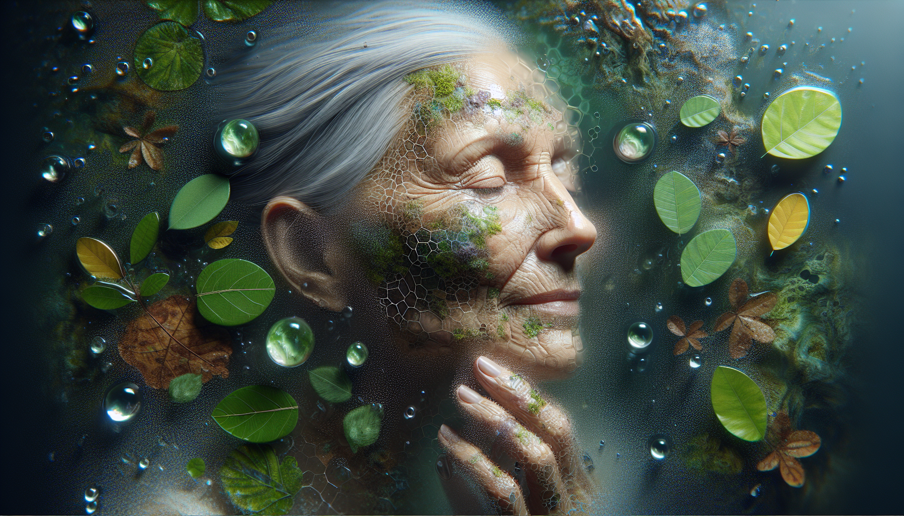Piel de mujer madura con texturas naturales como hojas y agua