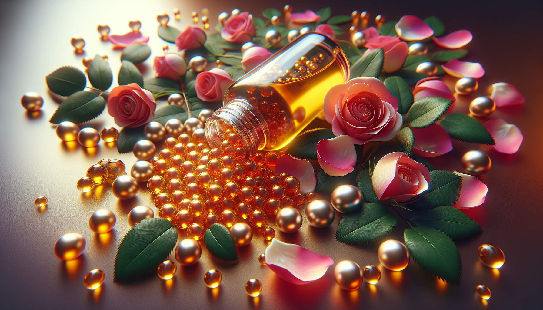 Gotas perladas de aceite de argán reluciendo sobre pétalos de rosa mosqueta