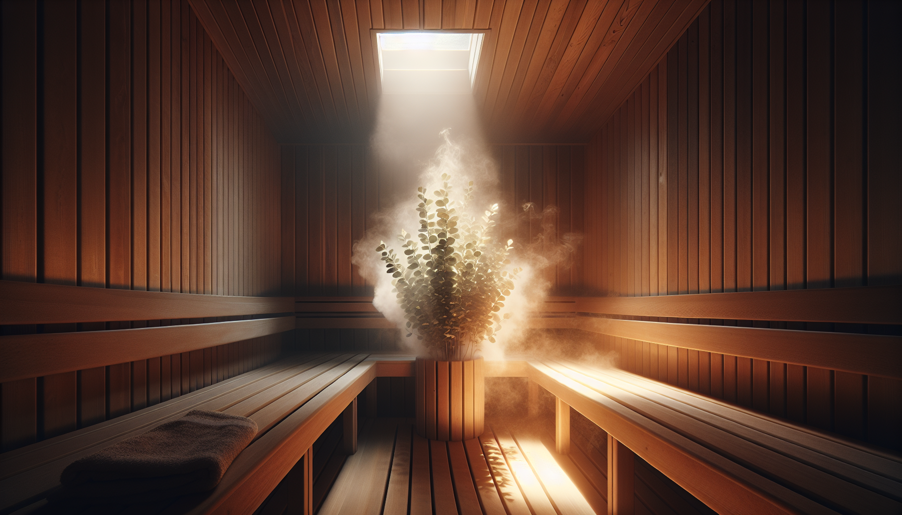 Vapor de eucalipto elevándose en sauna de madera suave
