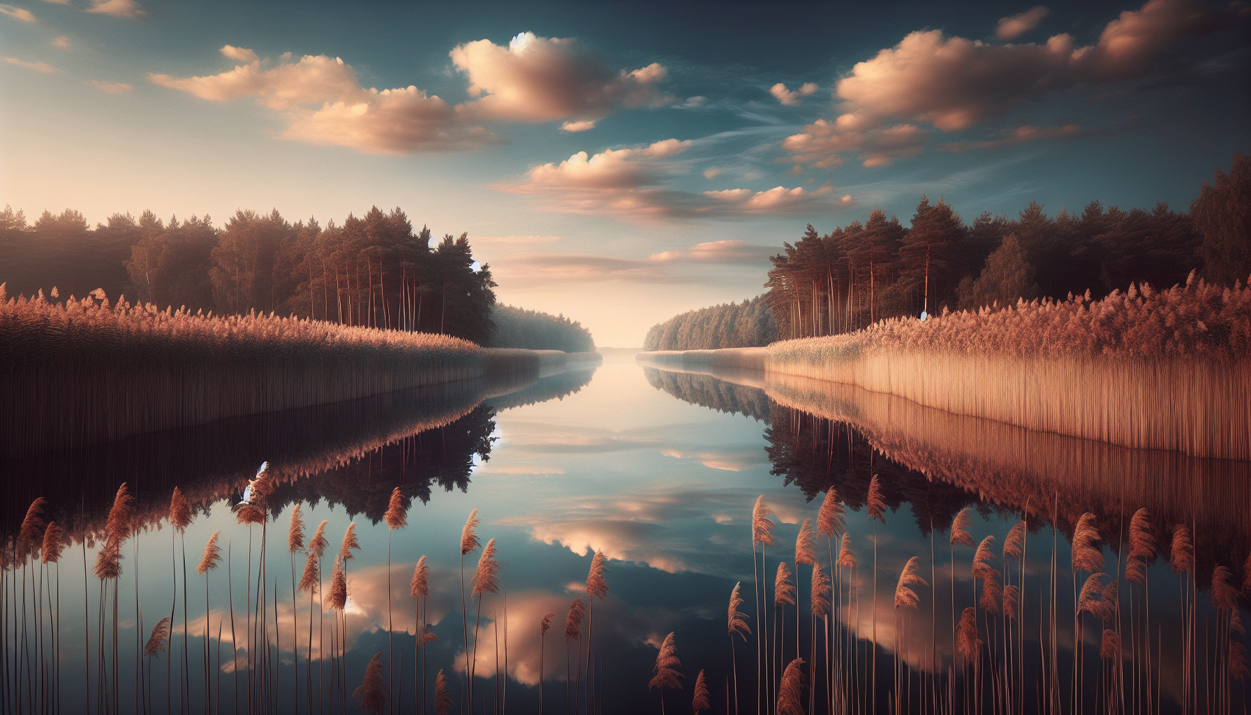 Reflejo de cielo despejado en lago tranquilo rodeado de juncos
