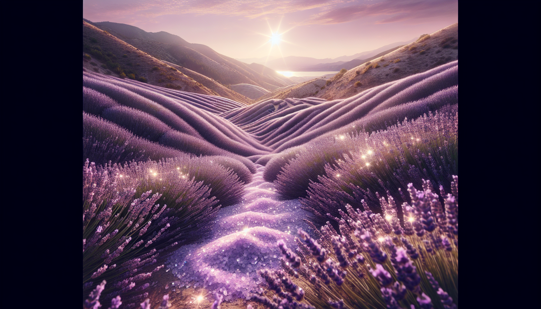 Ladera cubierta de lavanda y sal marina brillando al sol