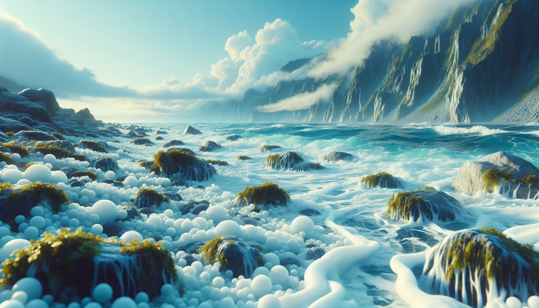 Corriente marina espumosa junto a rocas cubiertas de algas