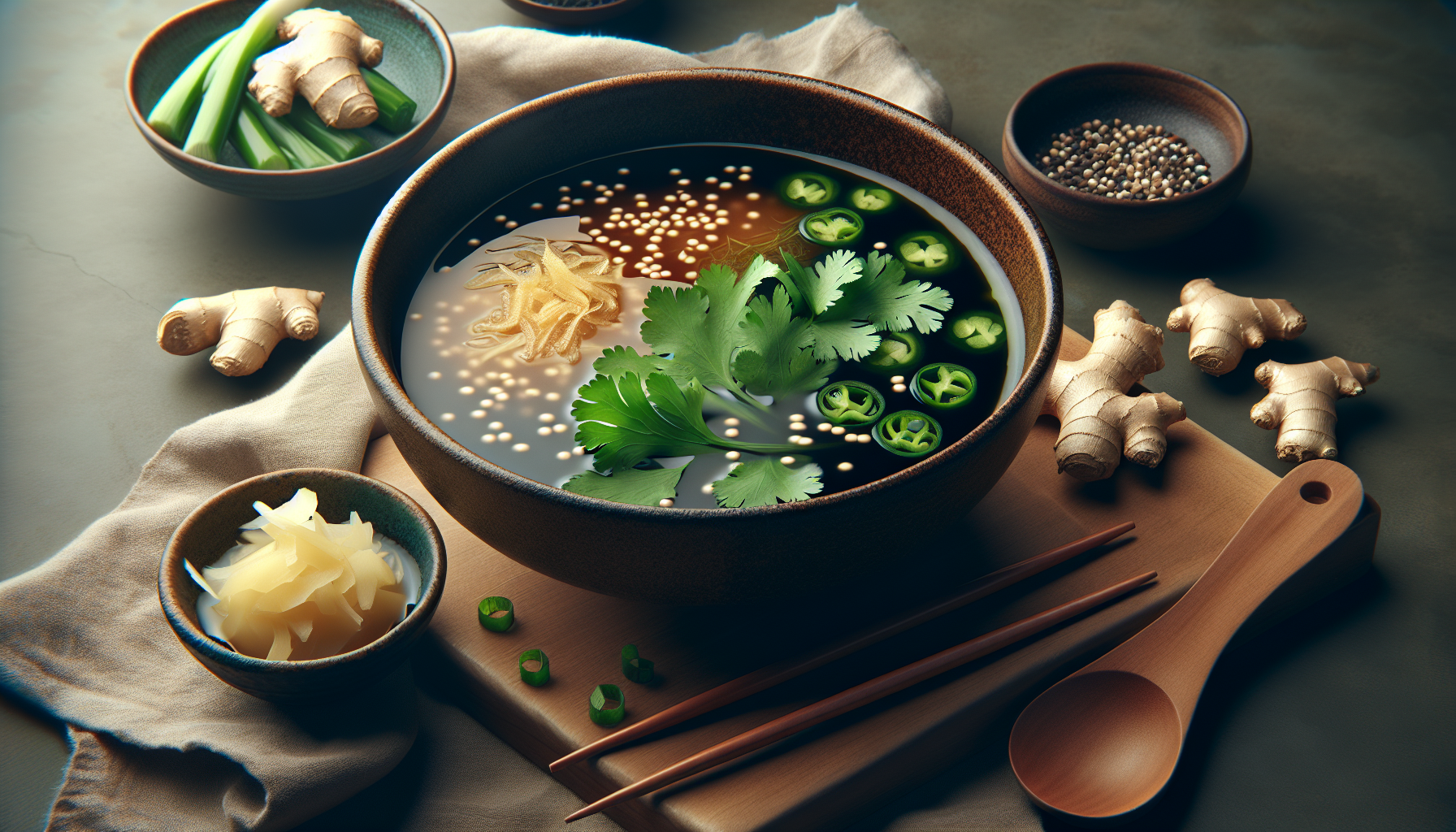 Cuenco humeante de sopa miso con jengibre y cilantro recién picado