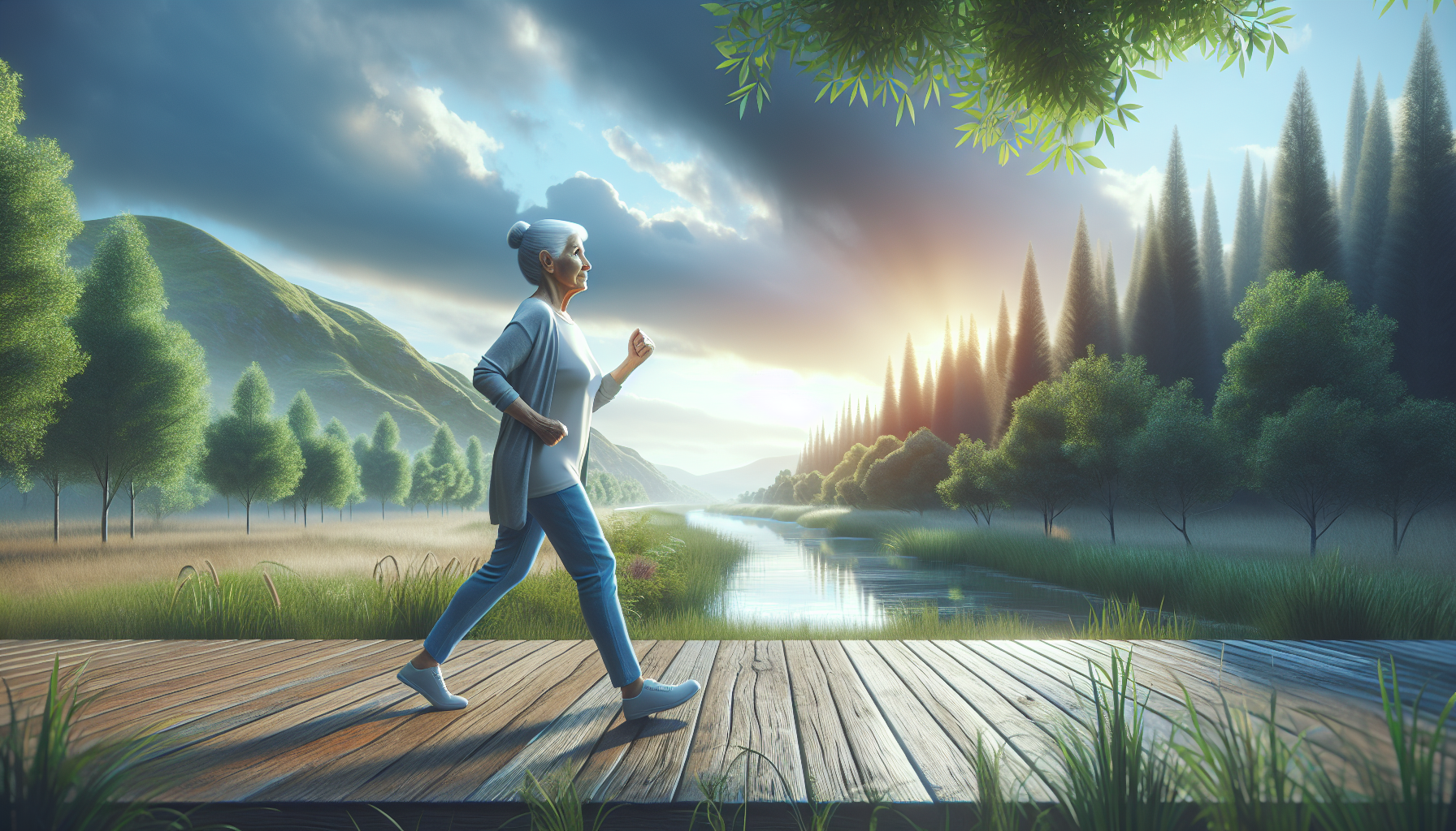 Mujer mayor caminando con energía en un entorno natural