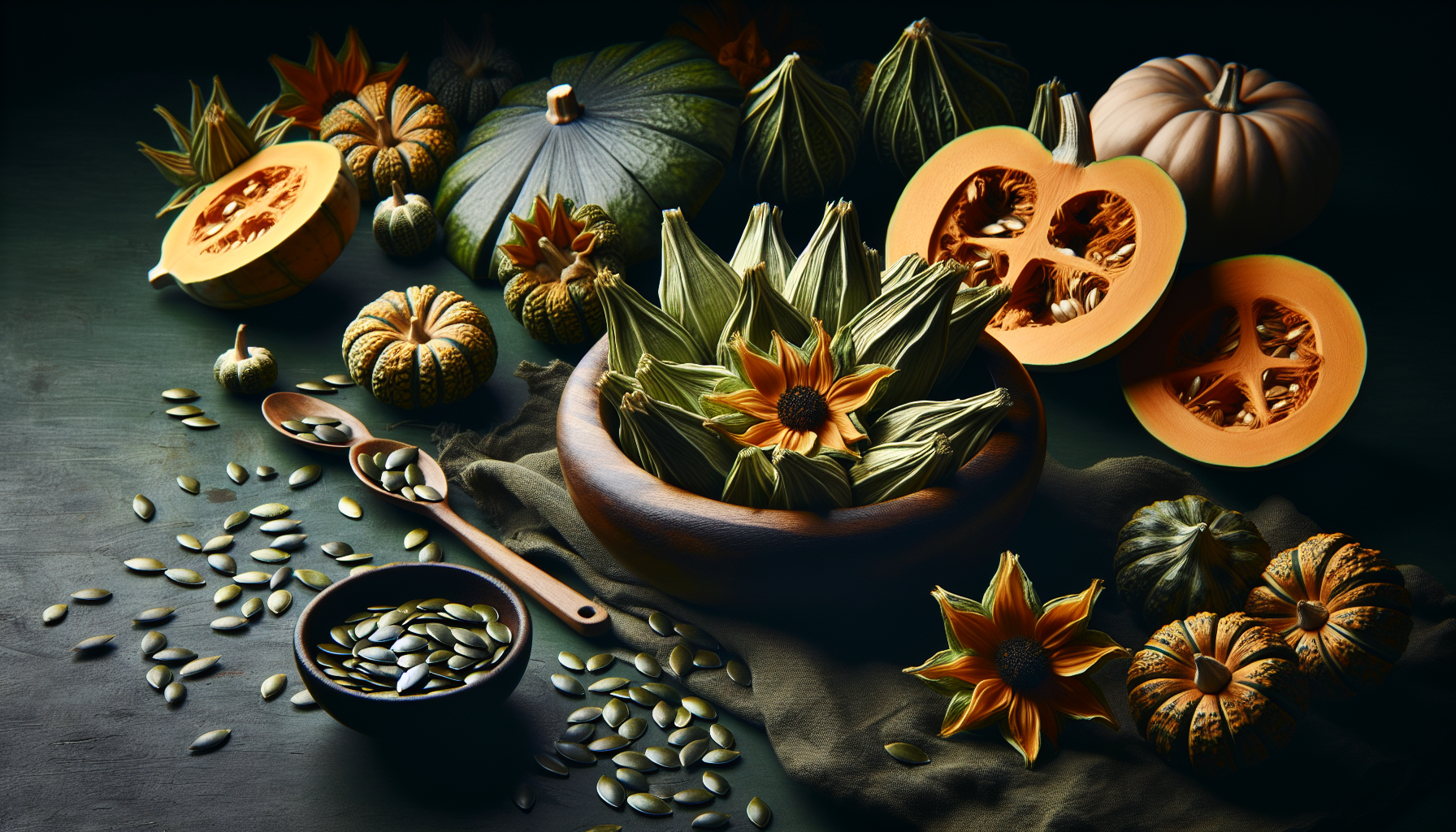 Flores de sabal y semillas de calabaza sobre fondo verde oscuro