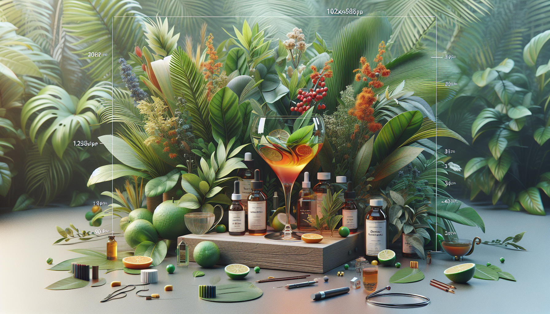 Coctel de extractos botánicos sobre fondo de hojas verdes