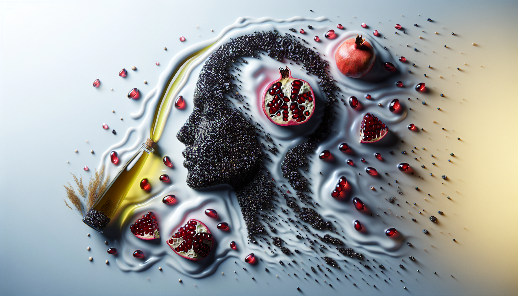 Silueta abstracta formada por gotas de aceite de granada y semillas de chía