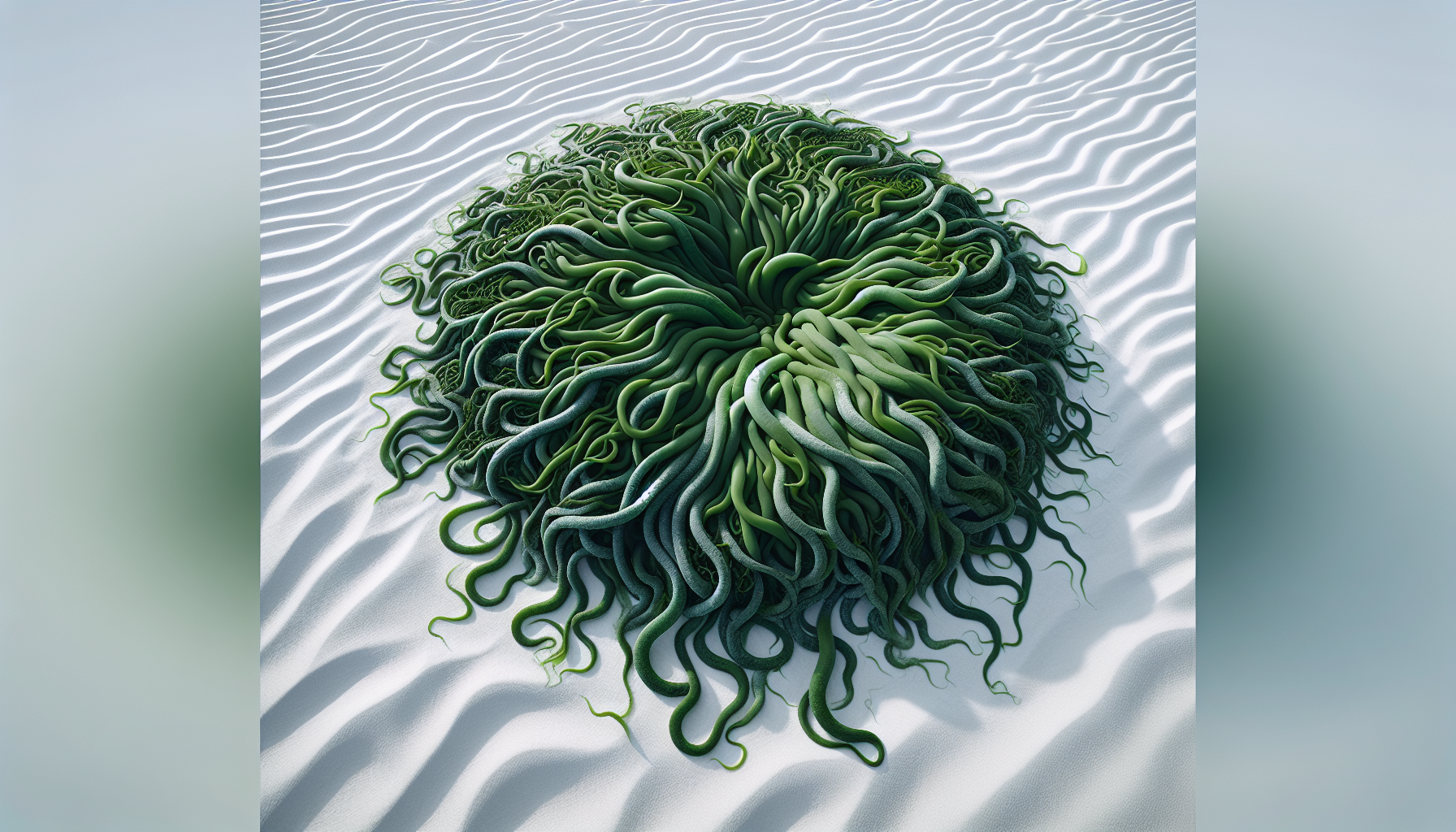 Alga espirulina formando patrones sobre arena blanca