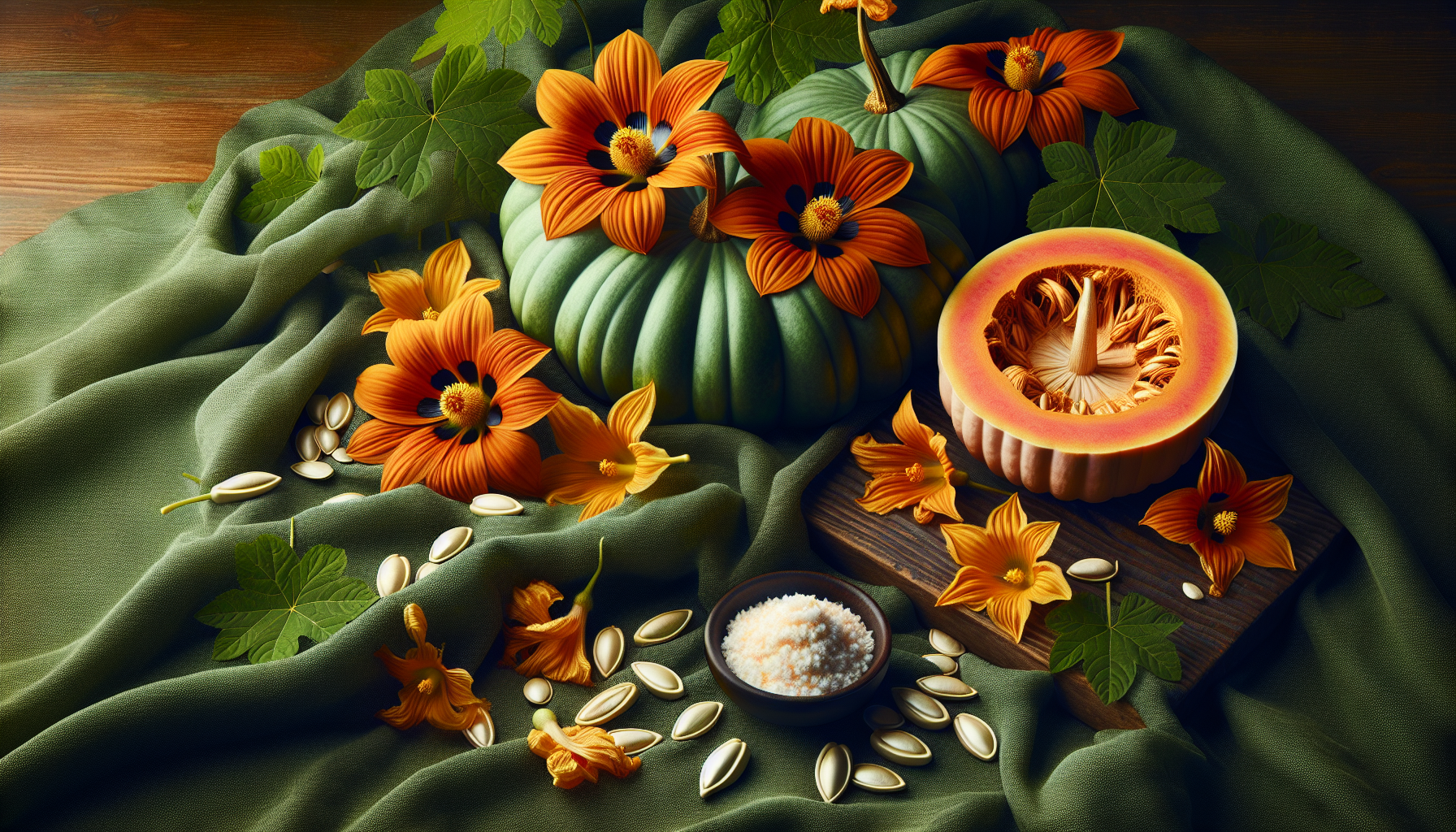 Flores de sabal y semillas de calabaza sobre paño verde esmeralda