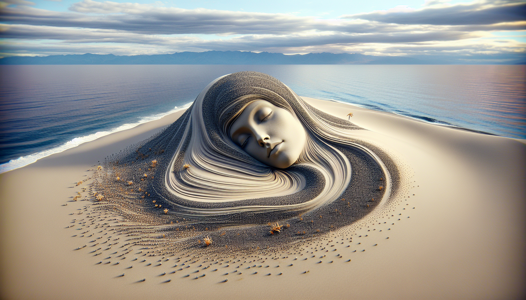 Ondas suaves esculpidas en arena junto a semillas de chía