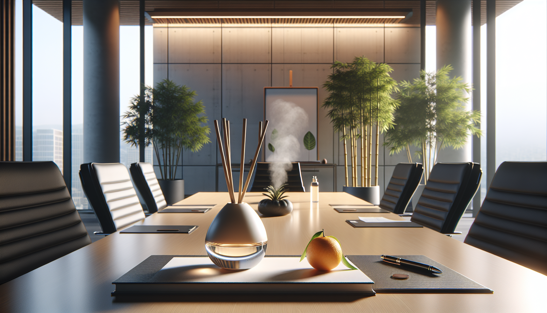Mesa de conferencia con difusor cítrico y planta de bambú