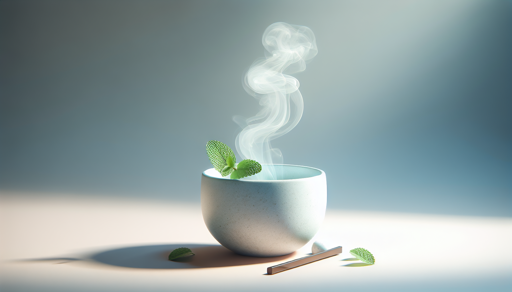 Chorro de vapor de menta saliendo de taza de cerámica minimalista