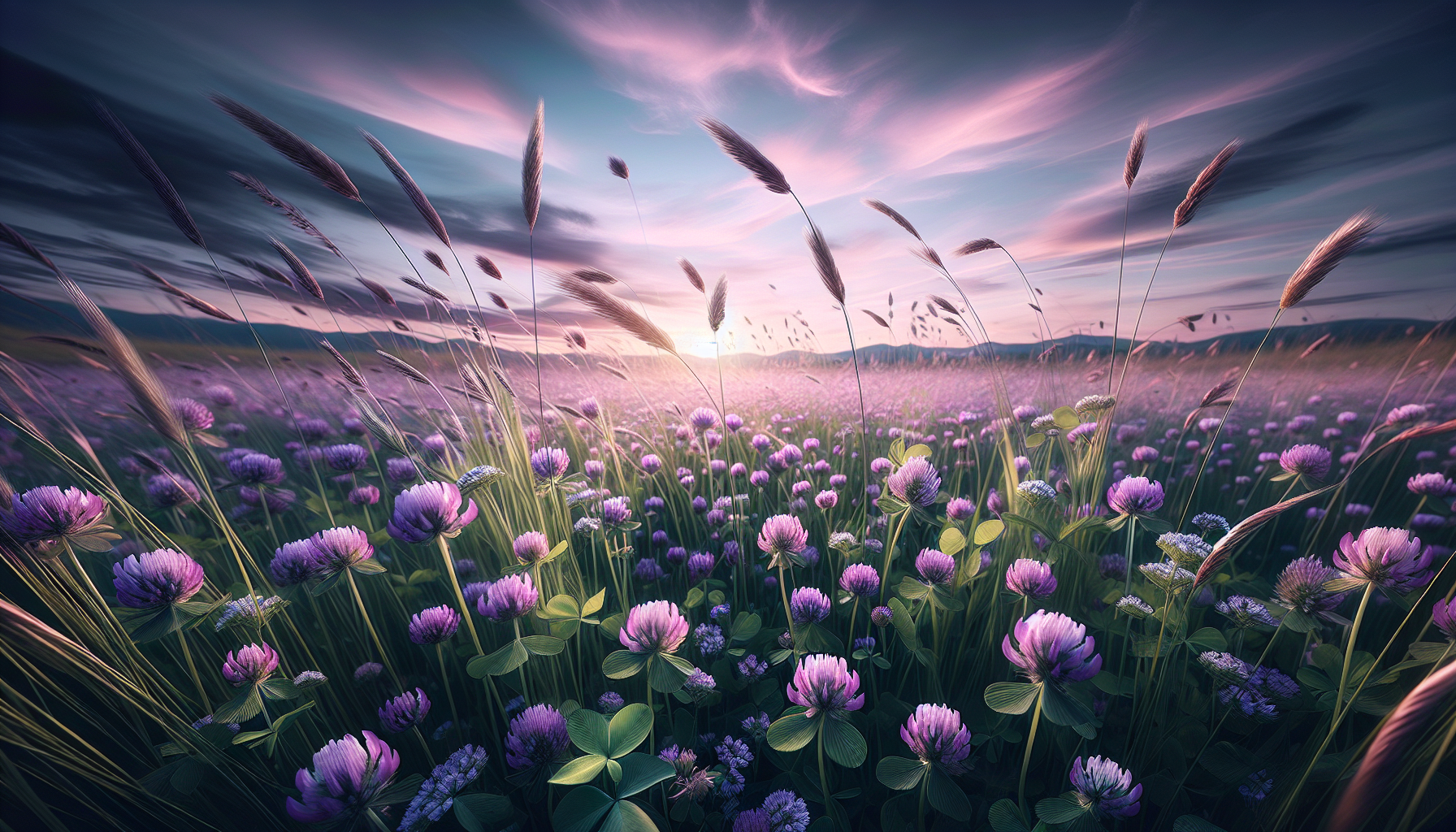 Pradera de trébol violeta agitada por brisa templada