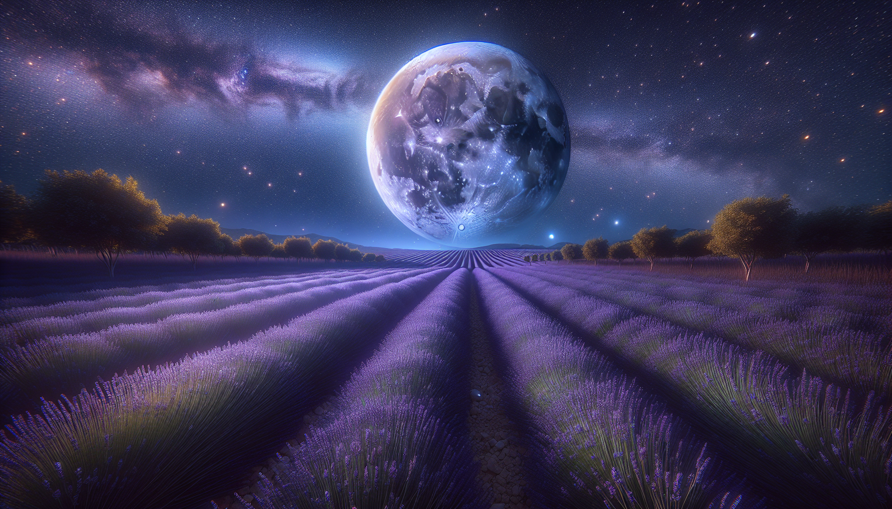 Luna llena sobre pradera de lavanda en calma
