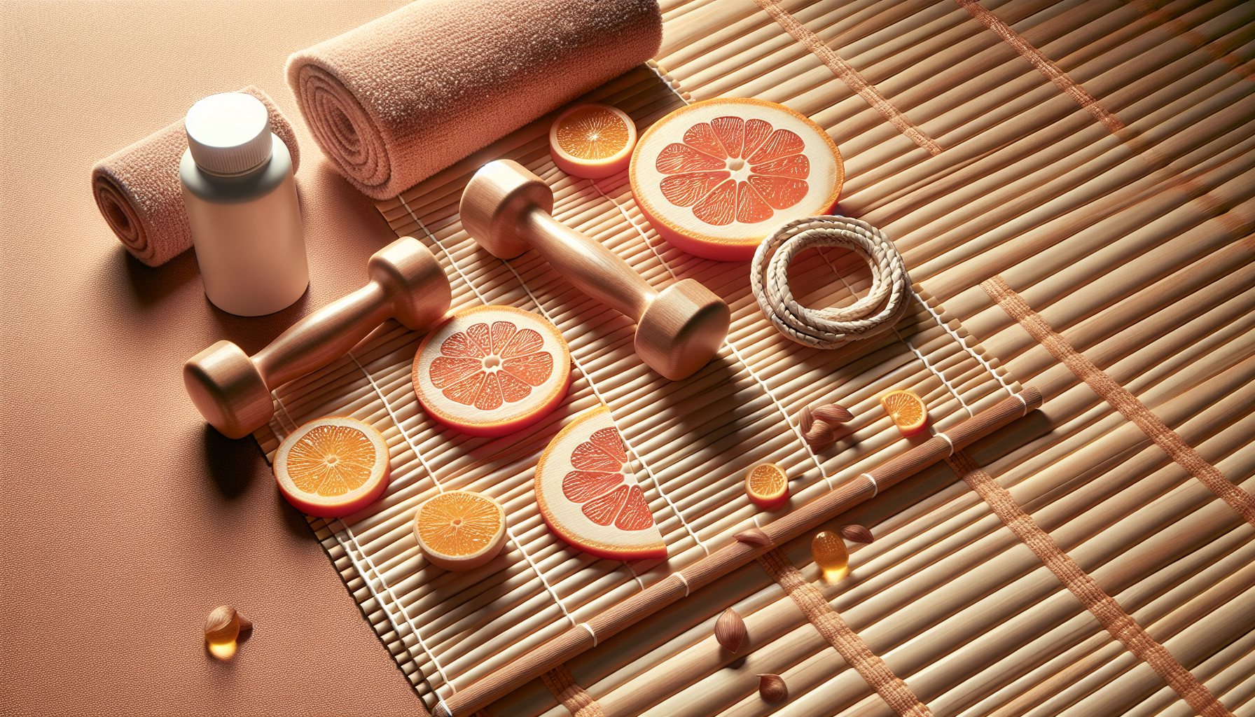 Mancuernas de madera sobre tatami de arroz