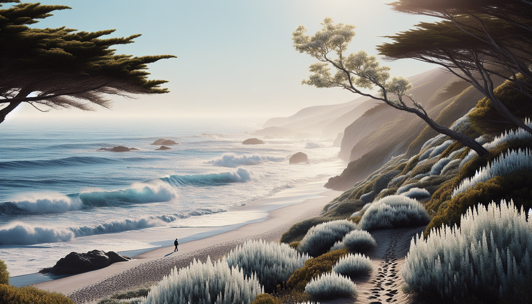 Senda costera con espuma marina y fragancia de salvia blanca