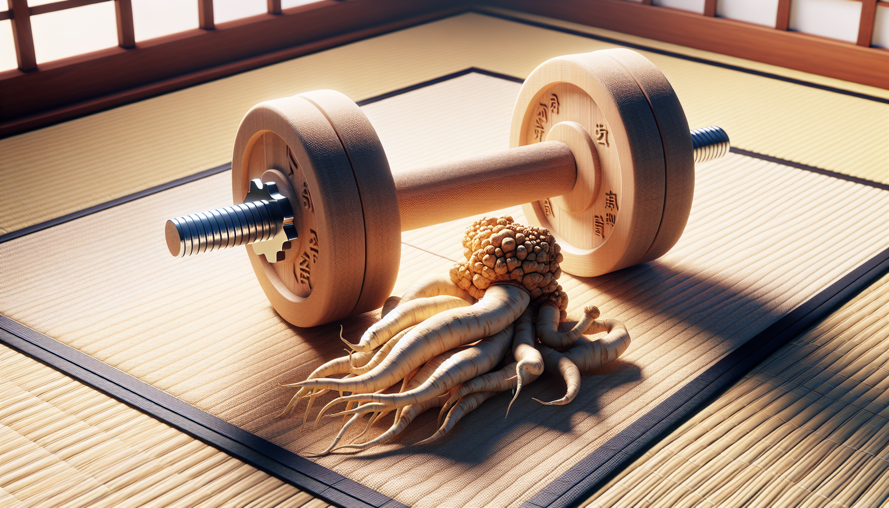 Tatami con mancuerna de madera y raíz de ginseng fresco