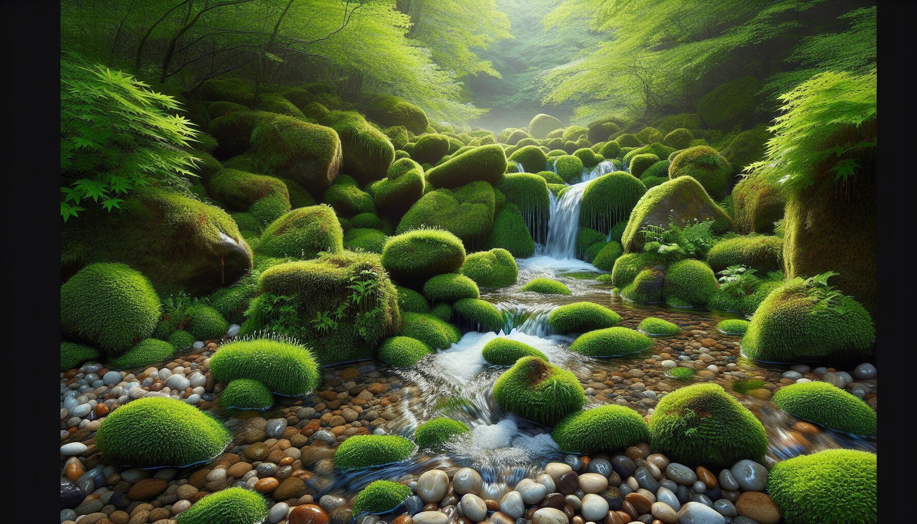 Arroyo cristalino corriendo sobre piedras musgosas