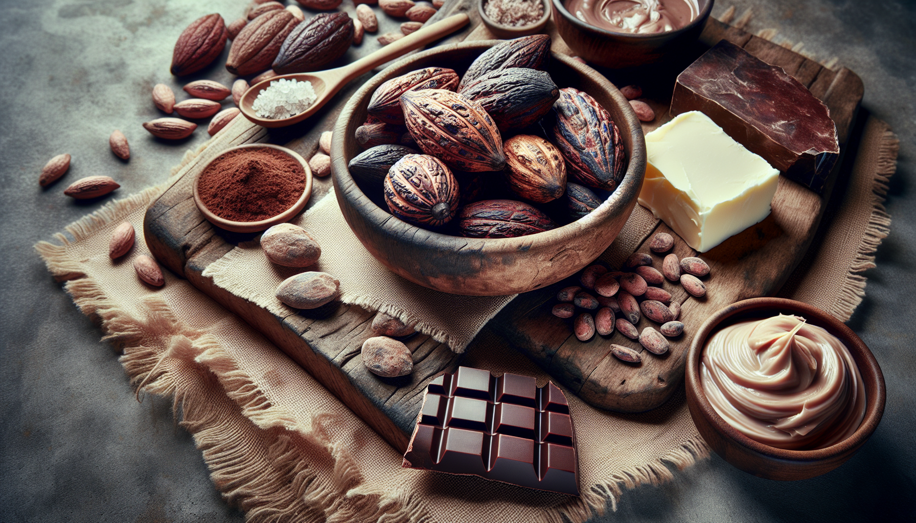Surcos de cacao y manteca de karité dispuestos en tabla de piedra
