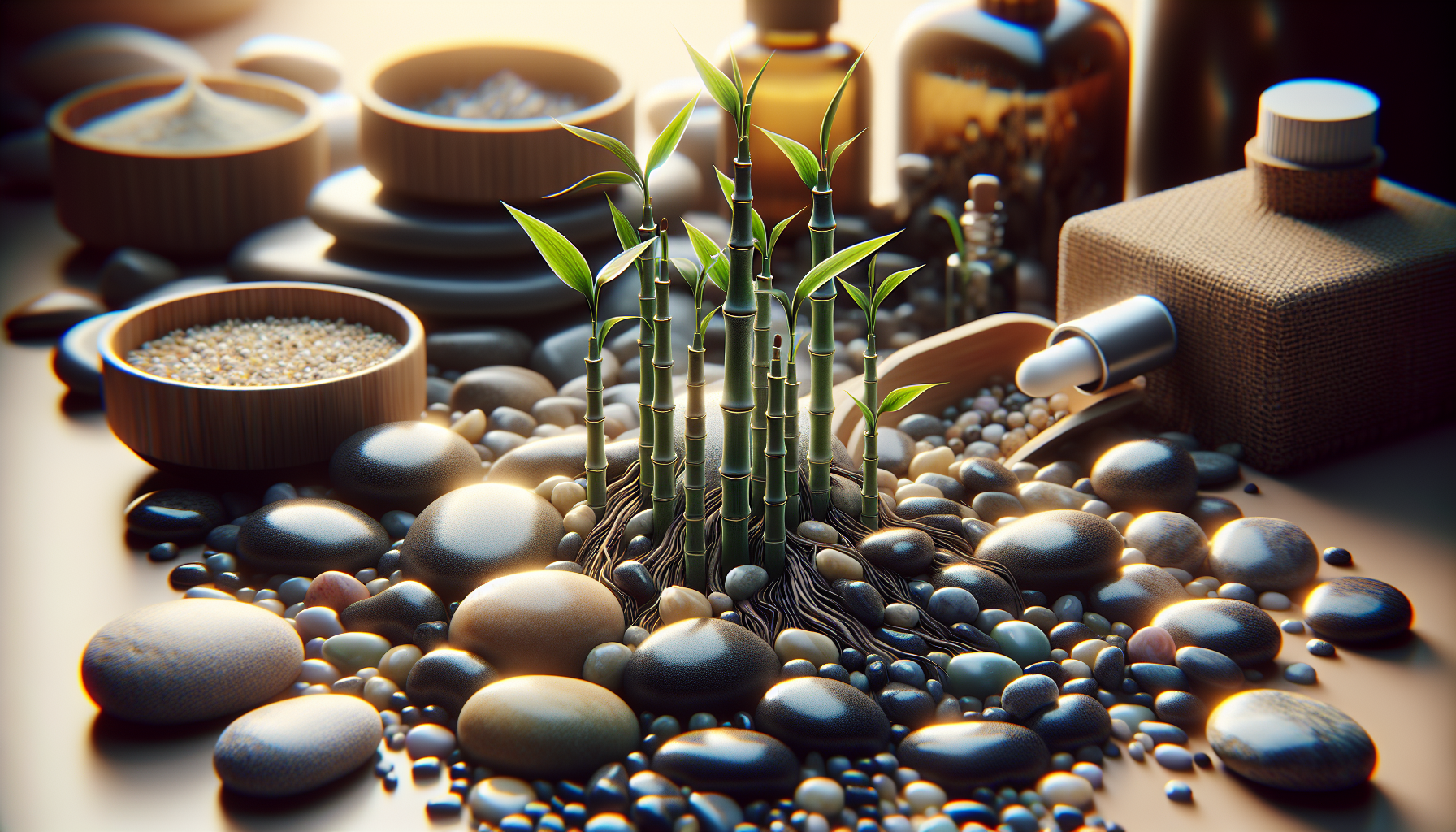 Brotes de bambú emergiendo entre guijarros pulidos